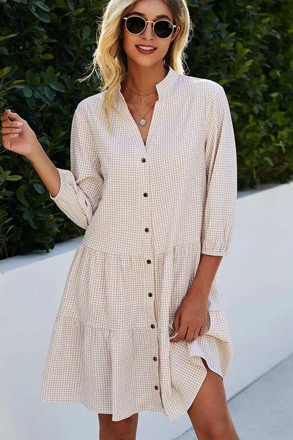 Beachsissi Dresses Women Split Neck Plaid Print Button Up Tunic Dress Beige