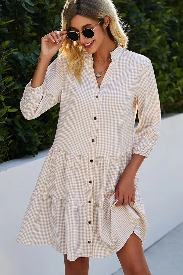 Beachsissi Dresses Women Split Neck Plaid Print Button Up Tunic Dress Beige