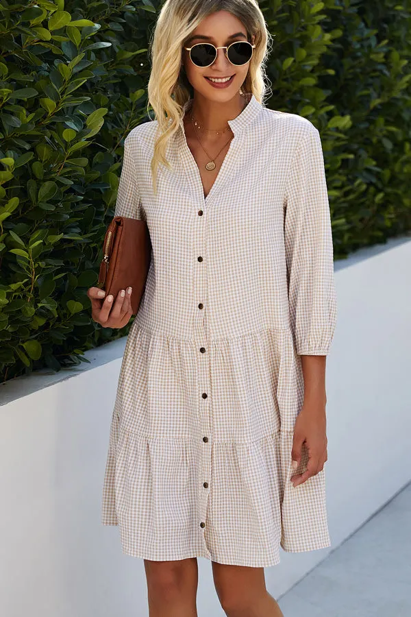 Beachsissi Dresses Women Split Neck Plaid Print Button Up Tunic Dress Beige