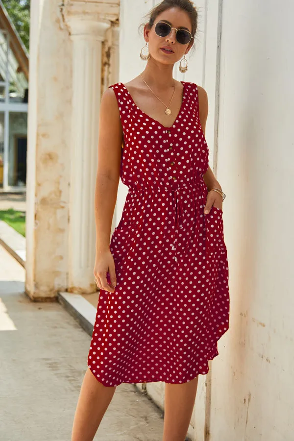 Beachsissi Dresses Women Tie Front and Dot Print Midi Dress Red