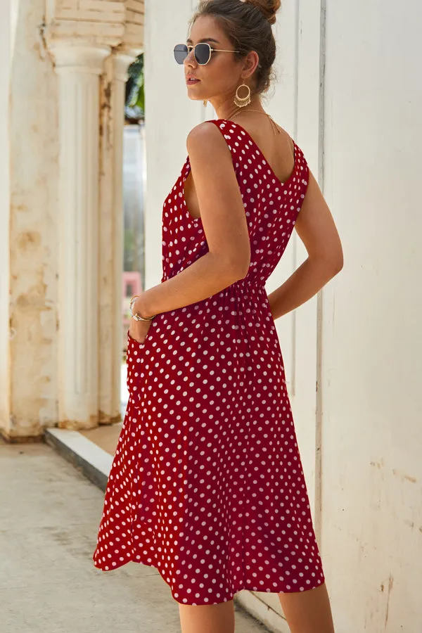 Beachsissi Dresses Women Tie Front and Dot Print Midi Dress Red