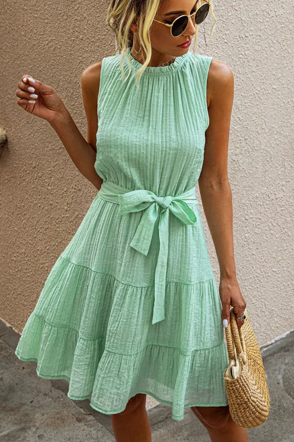 Beachsissi Dresses Women Tie Waist Solid Casual Mini Dress Green