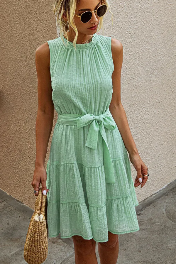 Beachsissi Dresses Women Tie Waist Solid Casual Mini Dress Green
