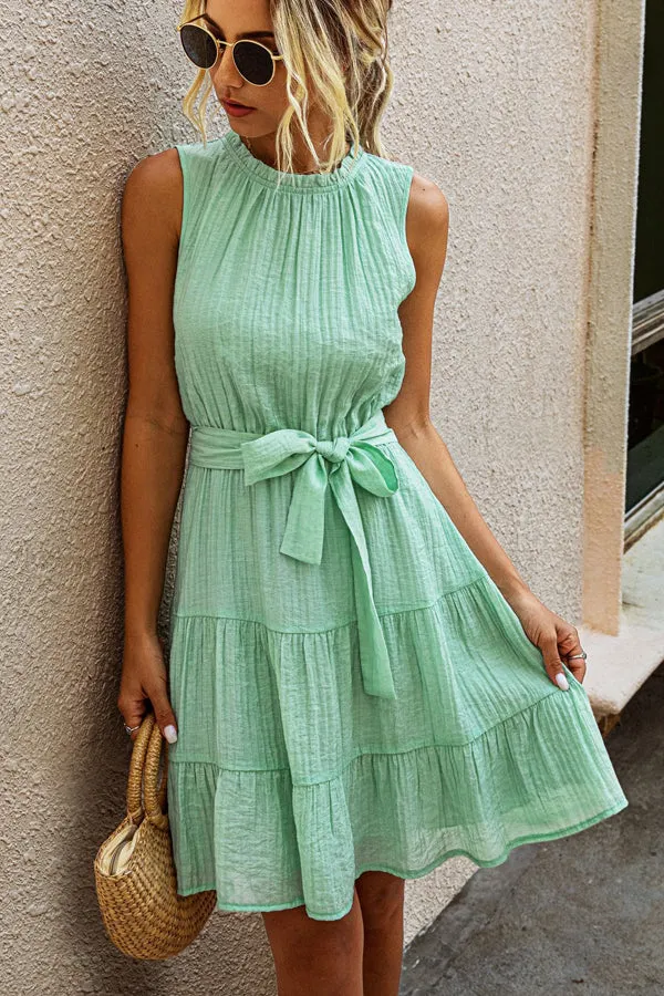 Beachsissi Dresses Women Tie Waist Solid Casual Mini Dress Green