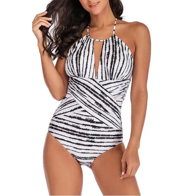 Beachsissi One Piece Women Halter Neck Cross Front Stripe Print One Piece Swimsuit White Beachsissi One Piece Women Halter Neck Cross Front Stripe Print One Piece Swimsuit White