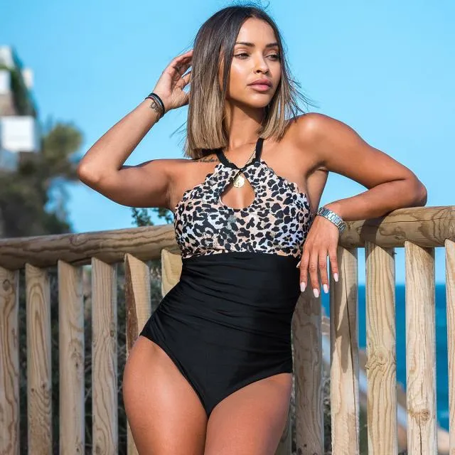 Beachsissi One Piece Women Halter Neck Leopard Cutout One Piece Swimwear Black Beachsissi One Piece Women Halter Neck Leopard Cutout One Piece Swimwear Black