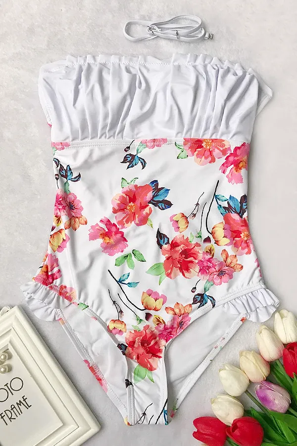 Beachsissi One Piece Women Heather Floral One Piece Swimsuit White