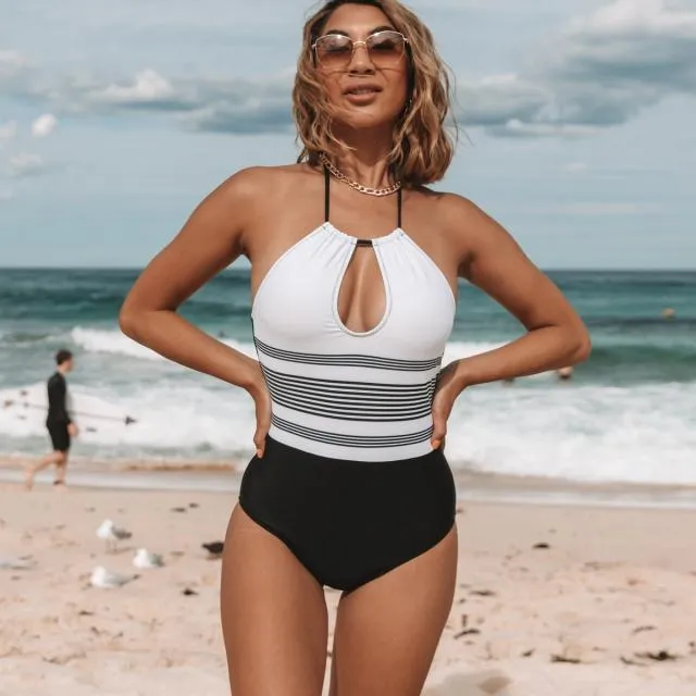 Beachsissi One Piece Women Stripe Print Tie Back One Piece Swimsuit White