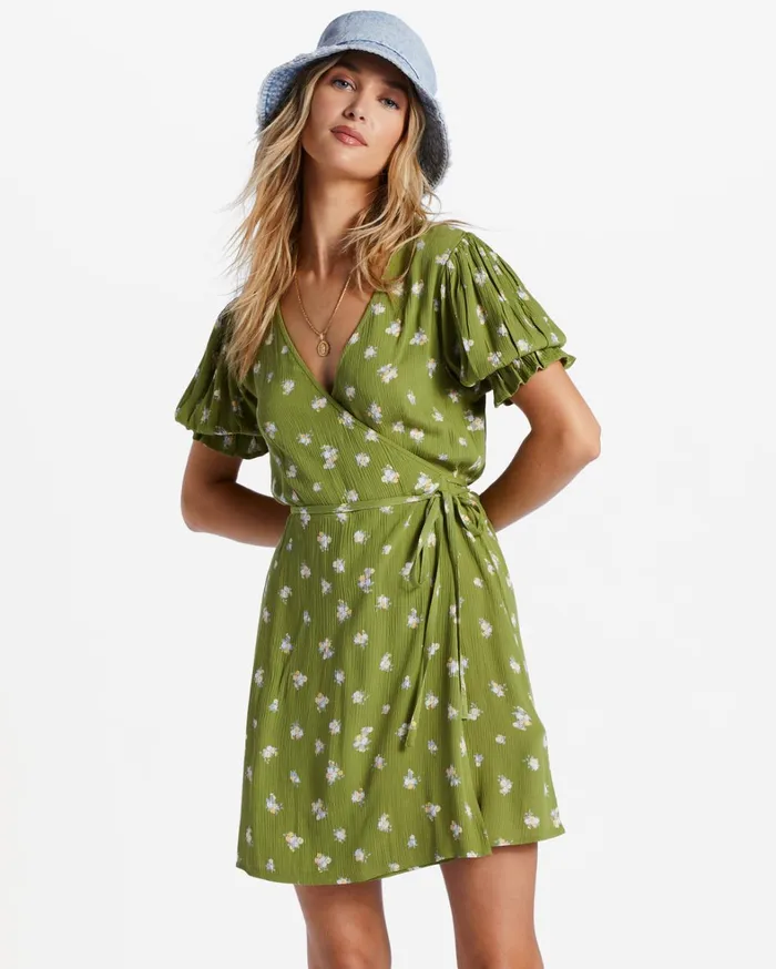 Billabong Dresses Women Chiquita Mini Wrap Dress Green Eyes Billabong Dresses Women Chiquita Mini Wrap Dress Green Eyes