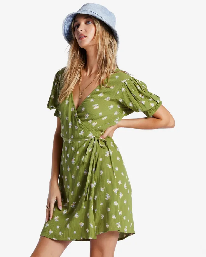 Billabong Dresses Women Chiquita Mini Wrap Dress Green Eyes Billabong Dresses Women Chiquita Mini Wrap Dress Green Eyes