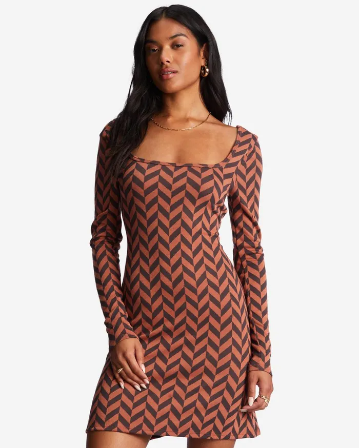 Billabong Dresses Women Still Your Girl Long Sleeve Jersey Dress Brick