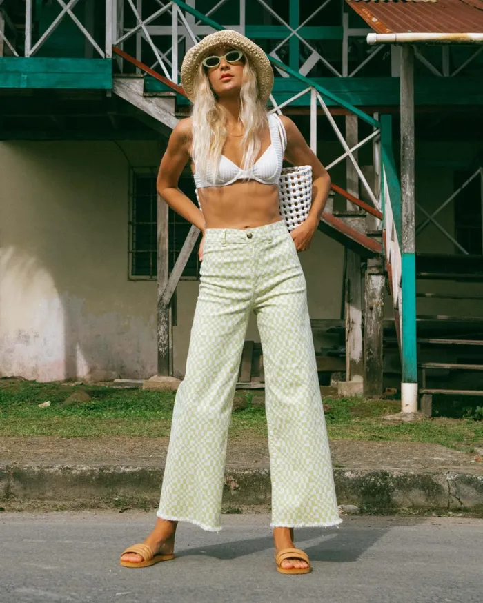 Billabong Pants Women Free Fall Print Wide Leg Pants Light Lime