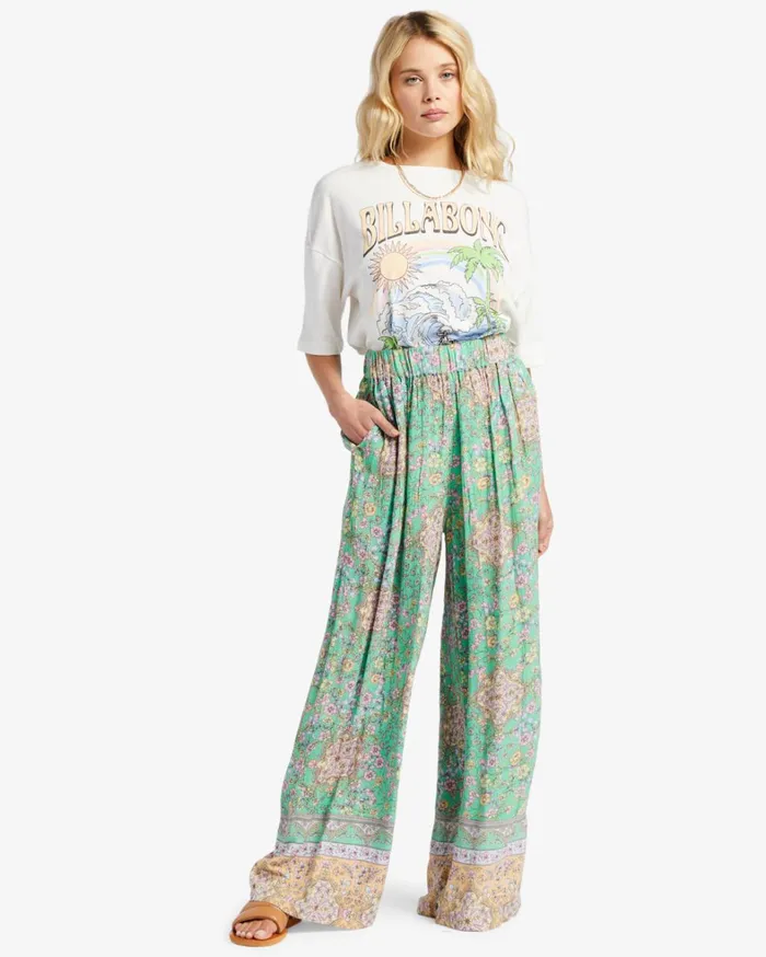 Billabong Pants Women La Mer Wide Leg Pants Green Billabong Pants Women La Mer Wide Leg Pants Green