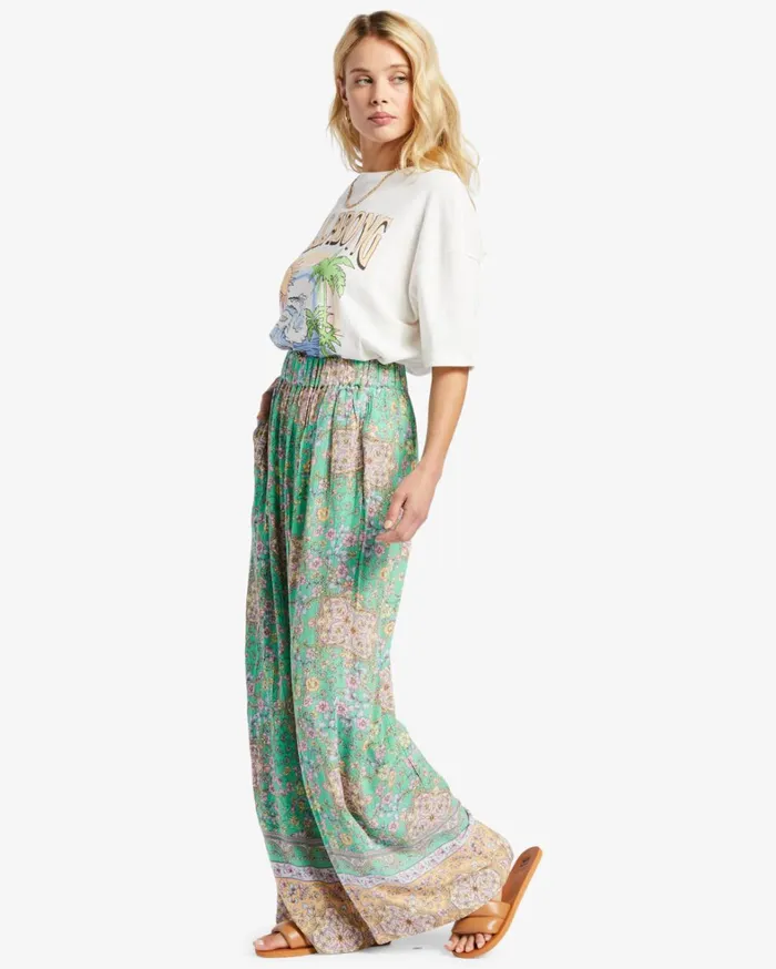 Billabong Pants Women La Mer Wide Leg Pants Green Billabong Pants Women La Mer Wide Leg Pants Green