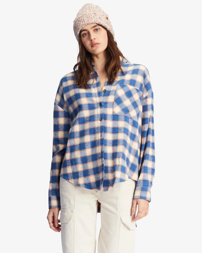 Billabong Tops Women Easy Breezy Long Sleeve ButtonUp Shirt Indigo Love