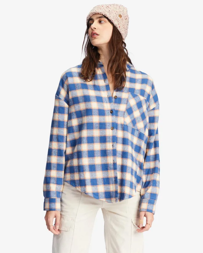 Billabong Tops Women Easy Breezy Long Sleeve ButtonUp Shirt Indigo Love Billabong Tops Women Easy Breezy Long Sleeve ButtonUp Shirt Indigo Love