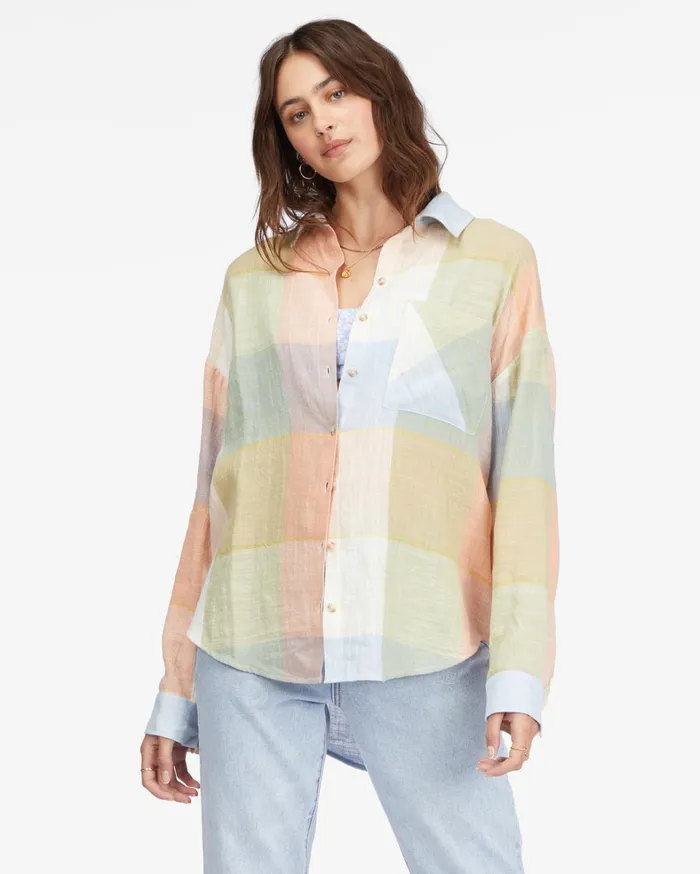 Billabong Tops Women Easy Breezy Long Sleeve ButtonUp Shirt Multi
