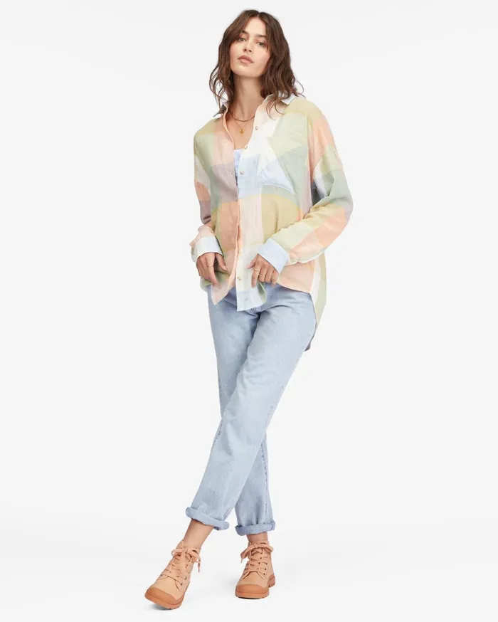 Billabong Tops Women Easy Breezy Long Sleeve ButtonUp Shirt Multi Billabong Tops Women Easy Breezy Long Sleeve ButtonUp Shirt Multi