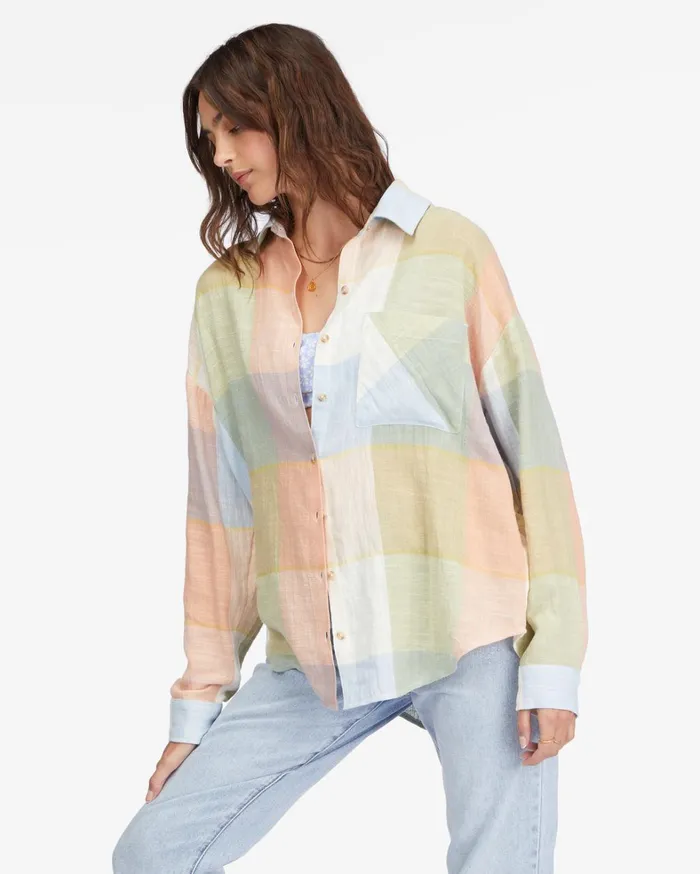 Billabong Tops Women Easy Breezy Long Sleeve ButtonUp Shirt Multi Billabong Tops Women Easy Breezy Long Sleeve ButtonUp Shirt Multi