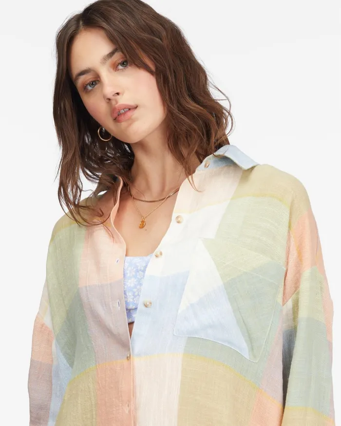 Billabong Tops Women Easy Breezy Long Sleeve ButtonUp Shirt Multi Billabong Tops Women Easy Breezy Long Sleeve ButtonUp Shirt Multi