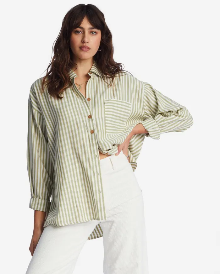 Billabong Tops Women In The Tide Road Trippin Long Sleeve Shirt Avocado