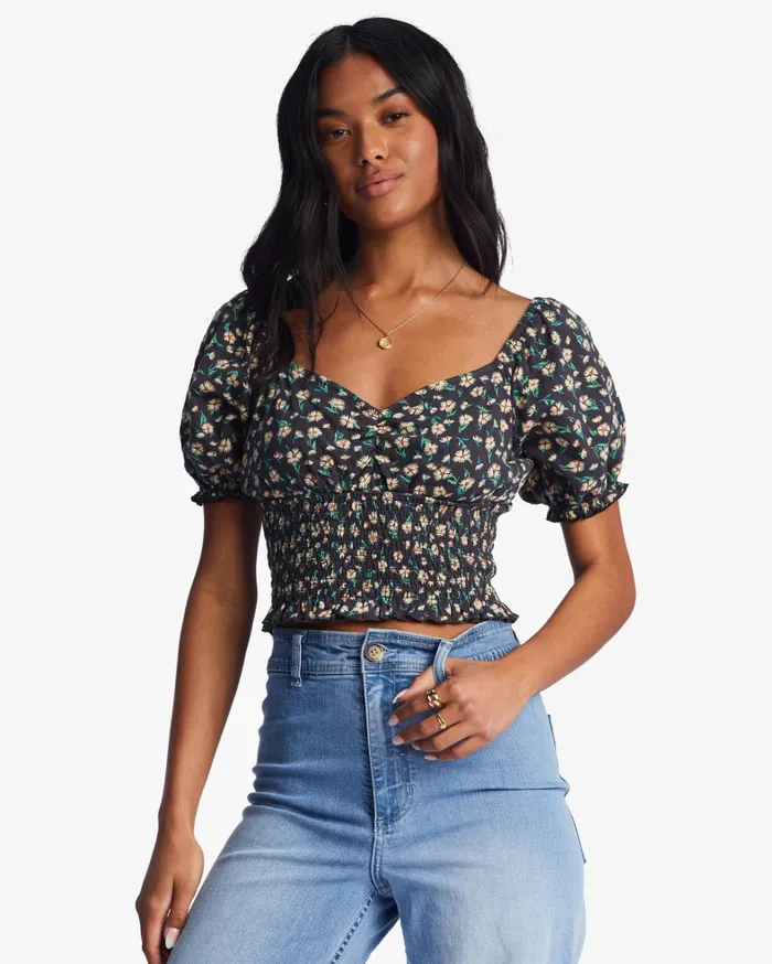 Billabong Tops Women Love Song Puff Sleeve Top Black Pebble
