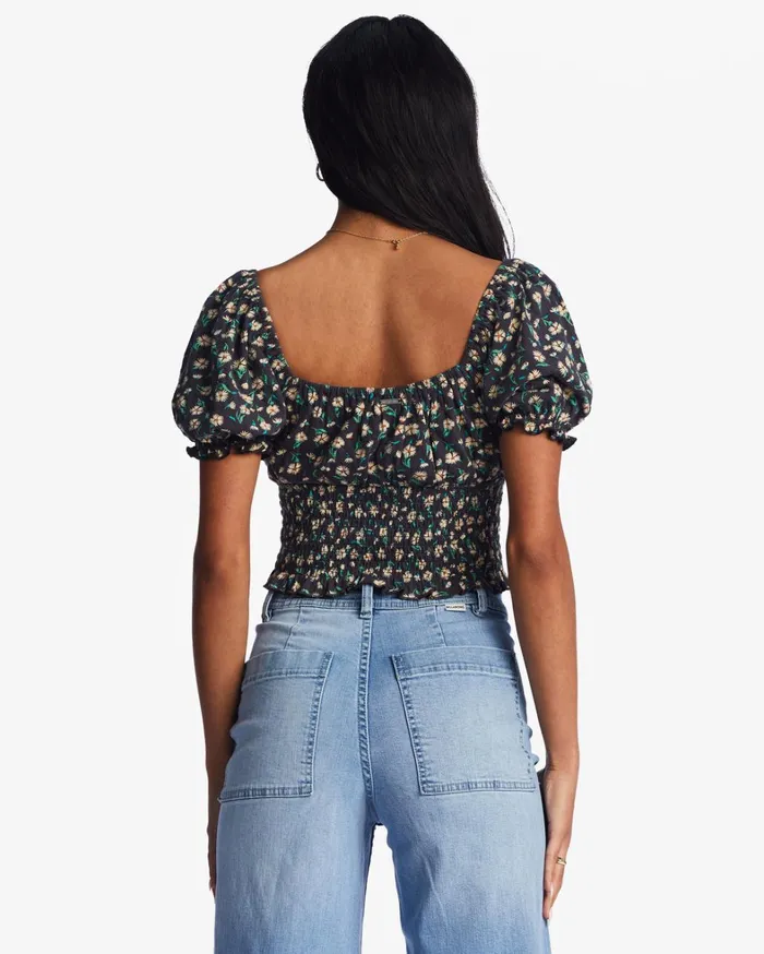 Billabong Tops Women Love Song Puff Sleeve Top Black Pebble Billabong Tops Women Love Song Puff Sleeve Top Black Pebble