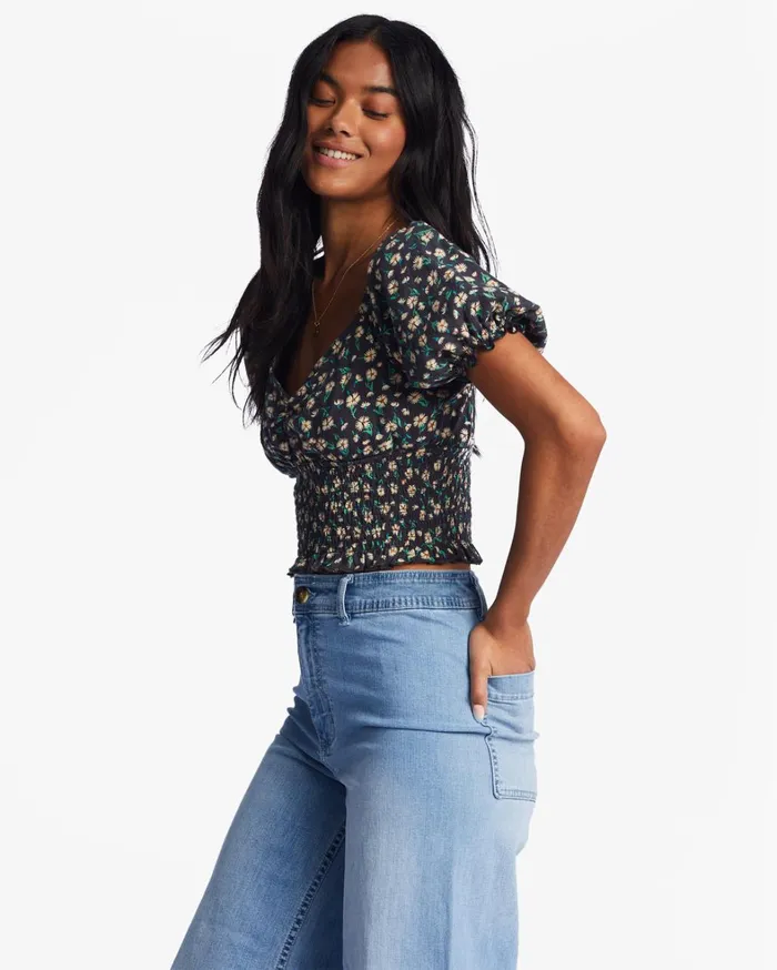 Billabong Tops Women Love Song Puff Sleeve Top Black Pebble Billabong Tops Women Love Song Puff Sleeve Top Black Pebble