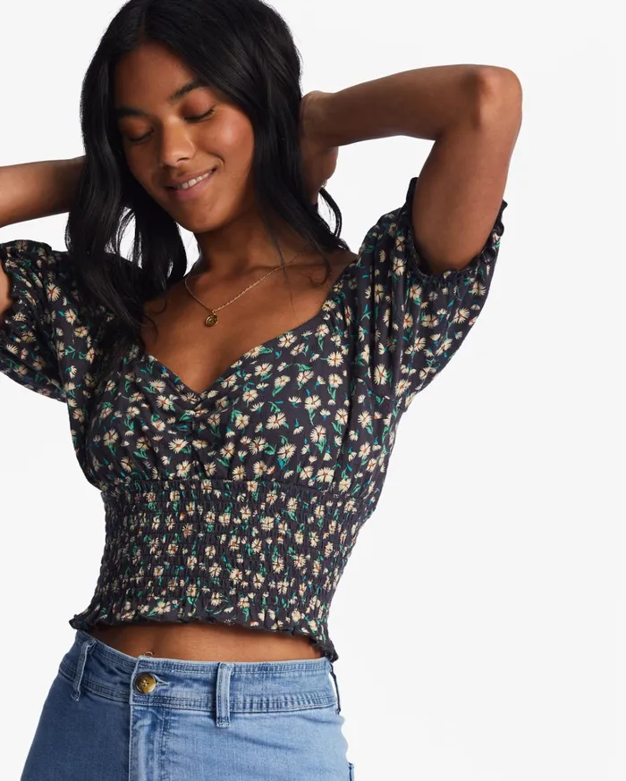 Billabong Tops Women Love Song Puff Sleeve Top Black Pebble Billabong Tops Women Love Song Puff Sleeve Top Black Pebble