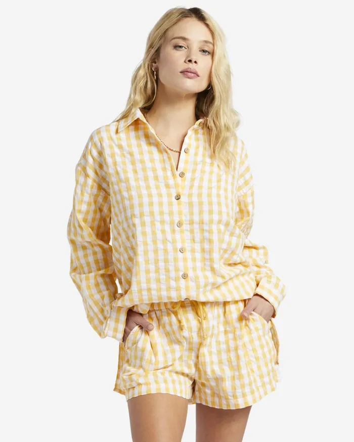Billabong Tops Women Sunshine Check Long Sleeve Shirt Gold Billabong Tops Women Sunshine Check Long Sleeve Shirt Gold