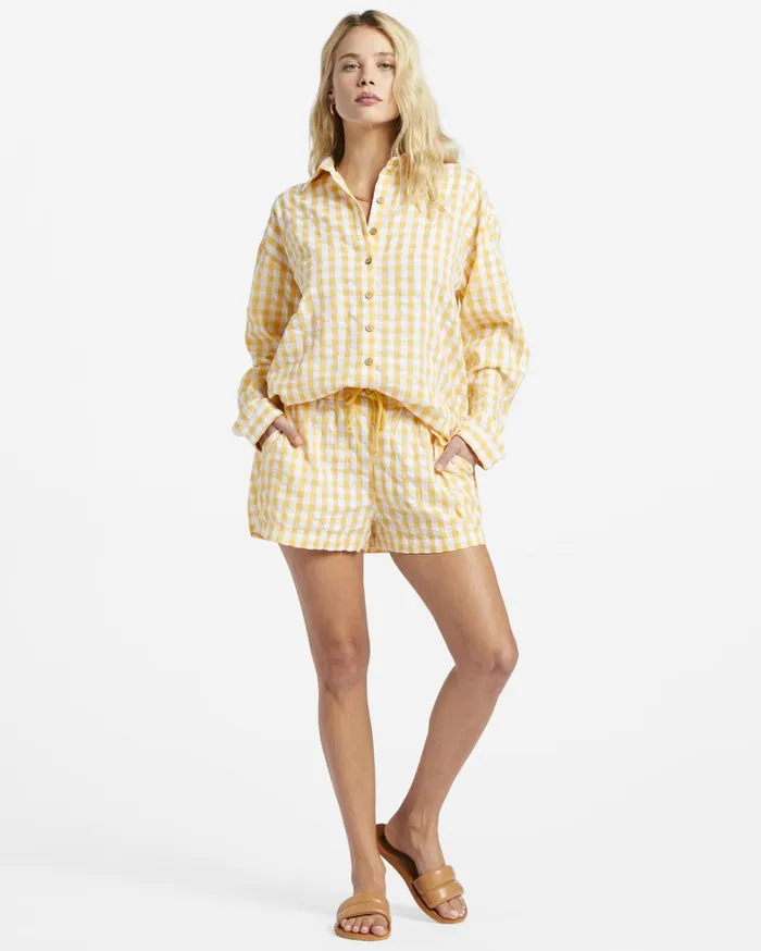 Billabong Tops Women Sunshine Check Long Sleeve Shirt Gold Billabong Tops Women Sunshine Check Long Sleeve Shirt Gold