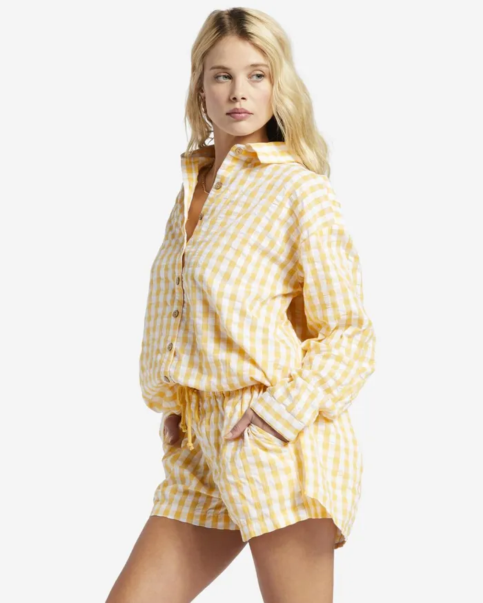 Billabong Tops Women Sunshine Check Long Sleeve Shirt Gold Billabong Tops Women Sunshine Check Long Sleeve Shirt Gold