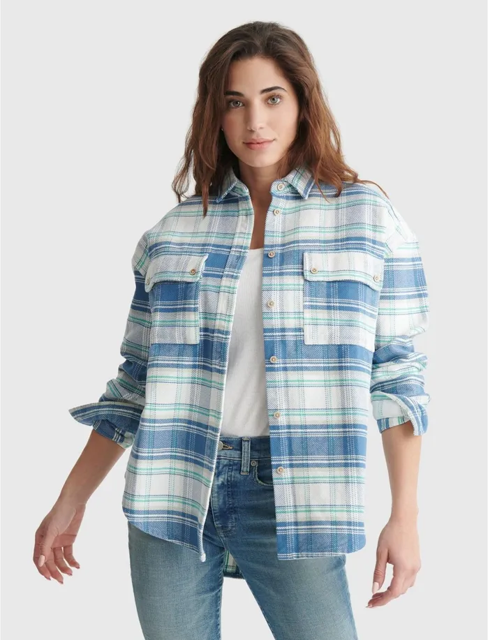 Blouses Women Lucky Brand Boyfriend Brushed Heavy Weight Twill Shirt Blue Multi