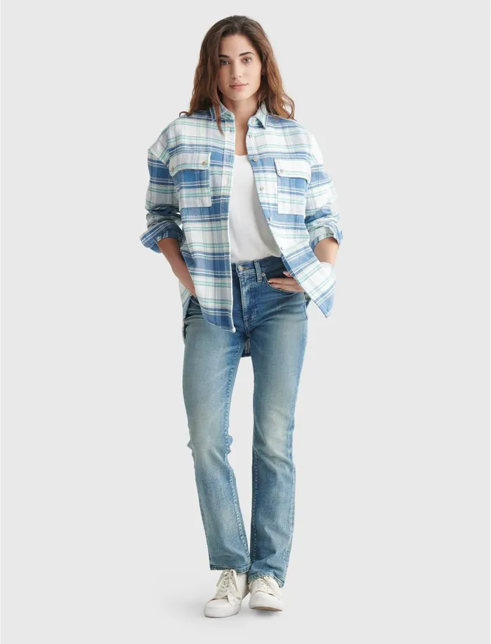 Blouses Women Lucky Brand Boyfriend Brushed Heavy Weight Twill Shirt Blue Multi