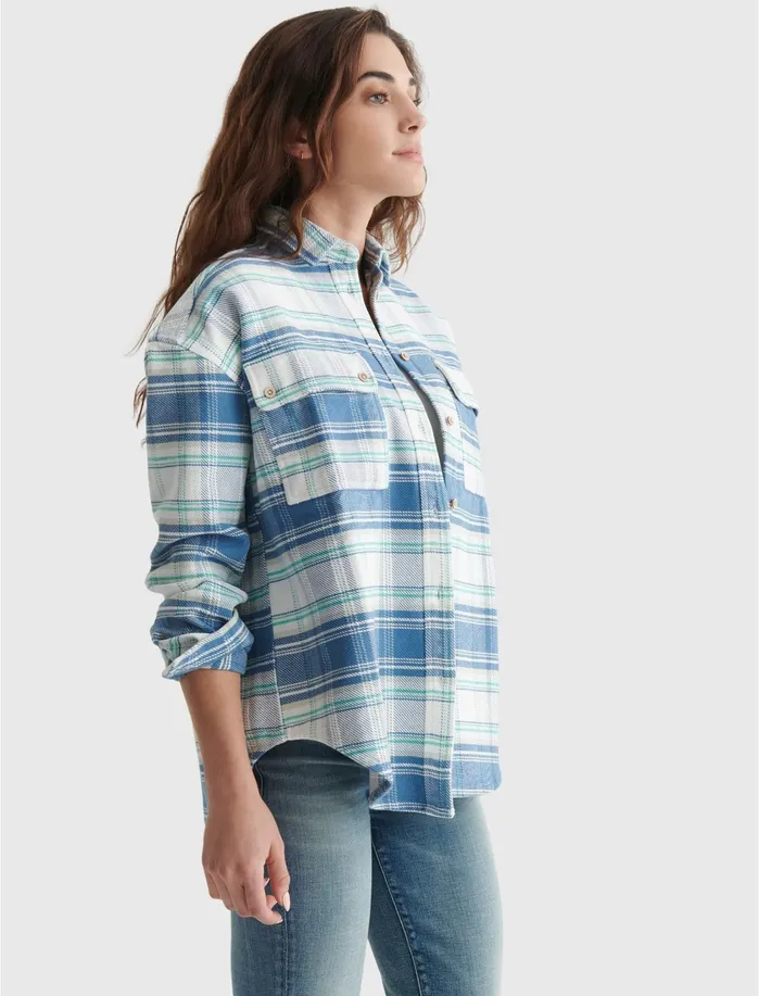 Blouses Women Lucky Brand Boyfriend Brushed Heavy Weight Twill Shirt Blue Multi