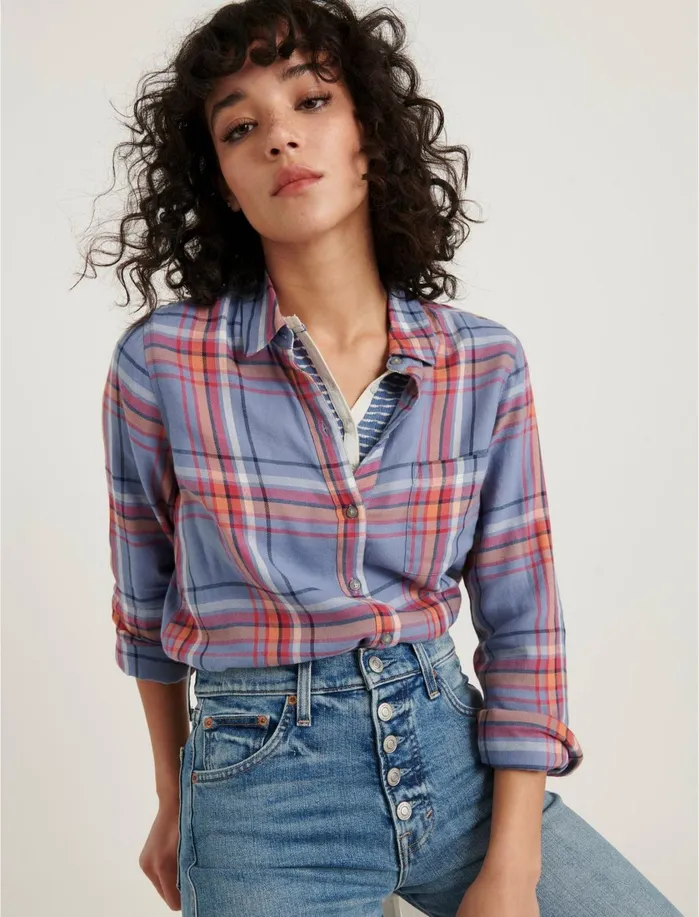 Blouses Women Lucky Brand Classic One Pocket Plaid Shirt Blue Multi