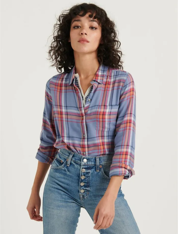 Blouses Women Lucky Brand Classic One Pocket Plaid Shirt Blue Multi