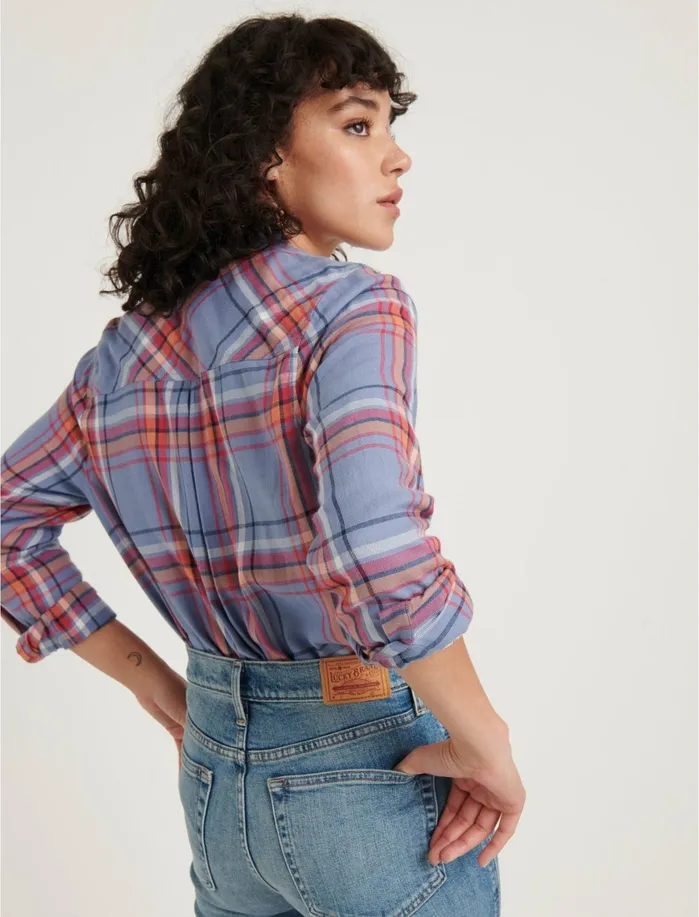 Blouses Women Lucky Brand Classic One Pocket Plaid Shirt Blue Multi