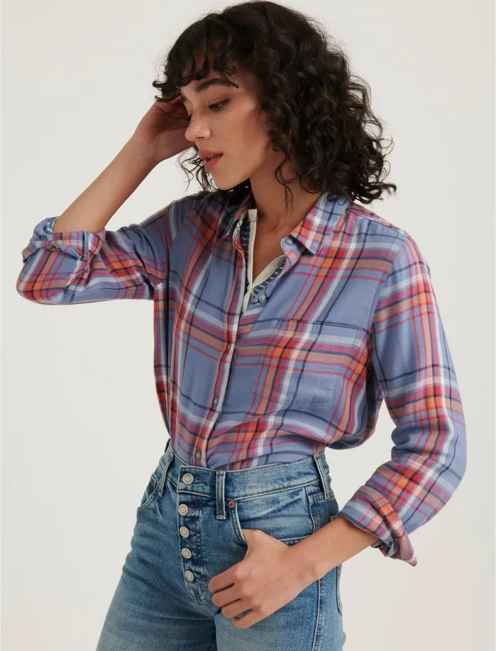 Blouses Women Lucky Brand Classic One Pocket Plaid Shirt Blue Multi