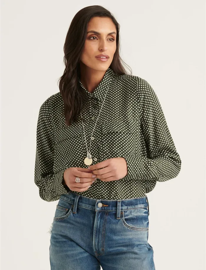 Blouses Women Lucky Brand Classic Utility Shirt Green Multi