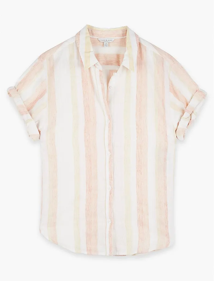 Blouses Women Lucky Brand Striped Rolled Sleeve Shirt Orange Multi