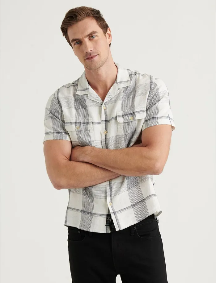 ButtonDowns Men Lucky Brand Auto Short Sleeve Shirt Blue Plaid