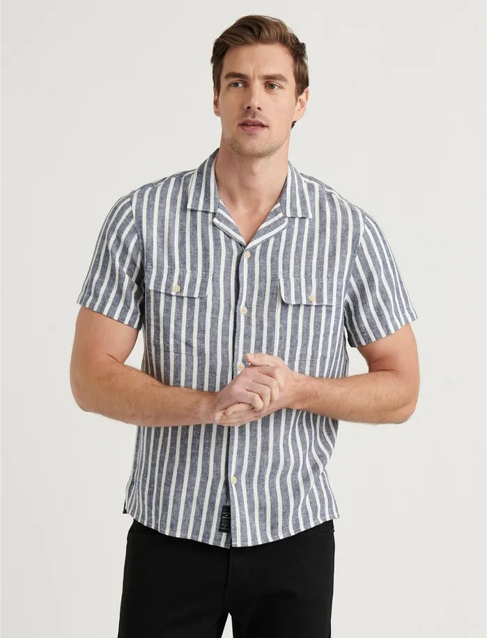 ButtonDowns Men Lucky Brand Auto Short Sleeve Shirt Blue Stripe
