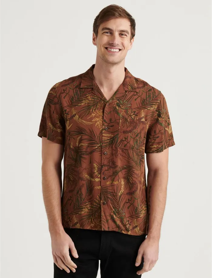 ButtonDowns Men Lucky Brand Club Collar Shirt Brown Print