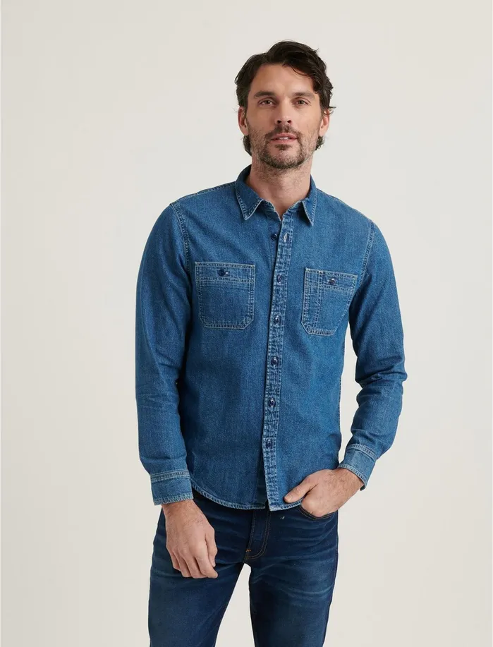ButtonDowns Men Lucky Brand Double Pocket Work Shirt Work Blue