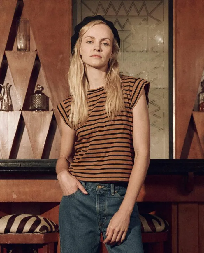 CollectionTees and Sweats The Great The Peak Shoulder Tee Over Dyed Suntan Gondola Stripe CollectionTees and Sweats The Great The Peak Shoulder Tee Over Dyed Suntan Gondola Stripe