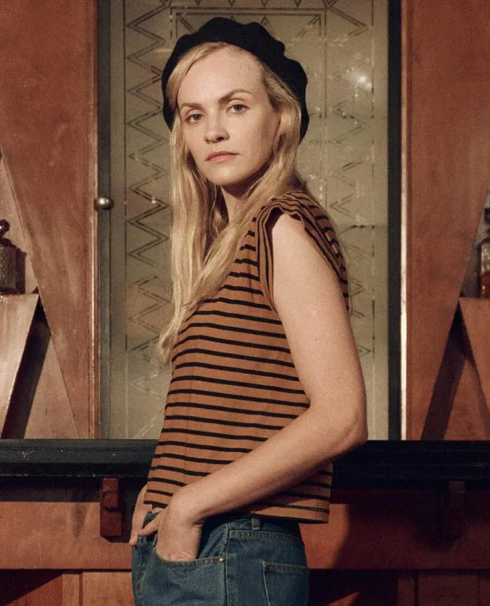 CollectionTees and Sweats The Great The Peak Shoulder Tee Over Dyed Suntan Gondola Stripe