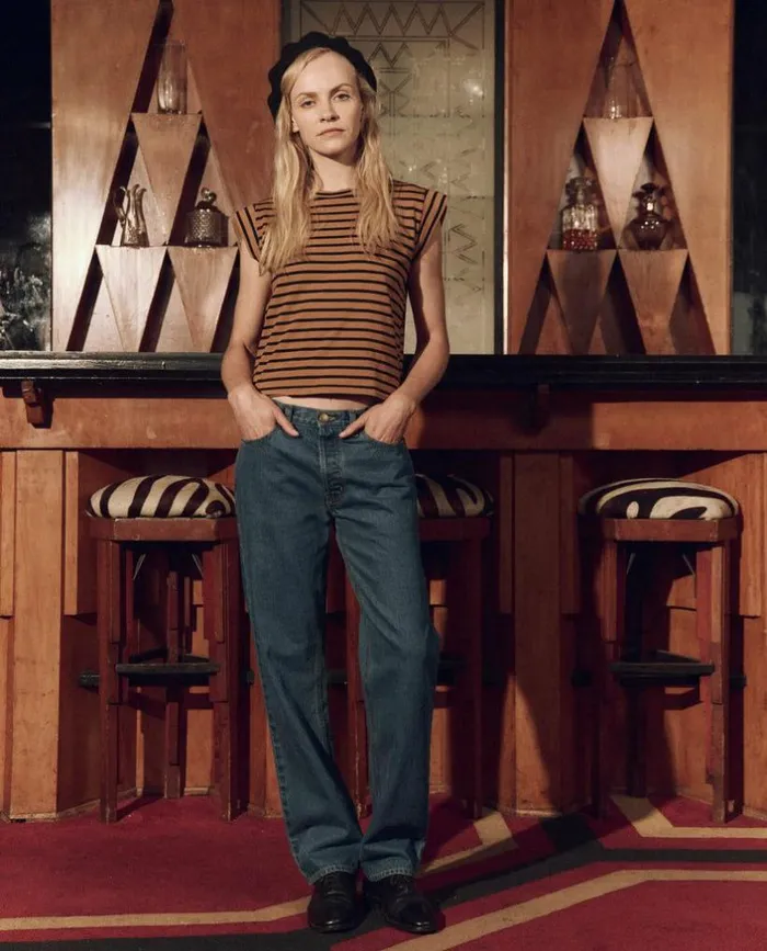 CollectionTees and Sweats The Great The Peak Shoulder Tee Over Dyed Suntan Gondola Stripe