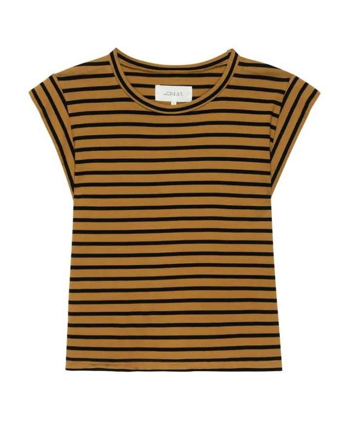 CollectionTees and Sweats The Great The Peak Shoulder Tee Over Dyed Suntan Gondola Stripe
