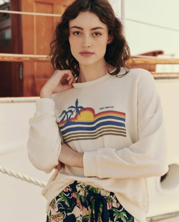 CollectionTees and Sweats The Great The Teammate Sweatshirt Washed White With Sunset Graphic CollectionTees and Sweats The Great The Teammate Sweatshirt Washed White With Sunset Graphic